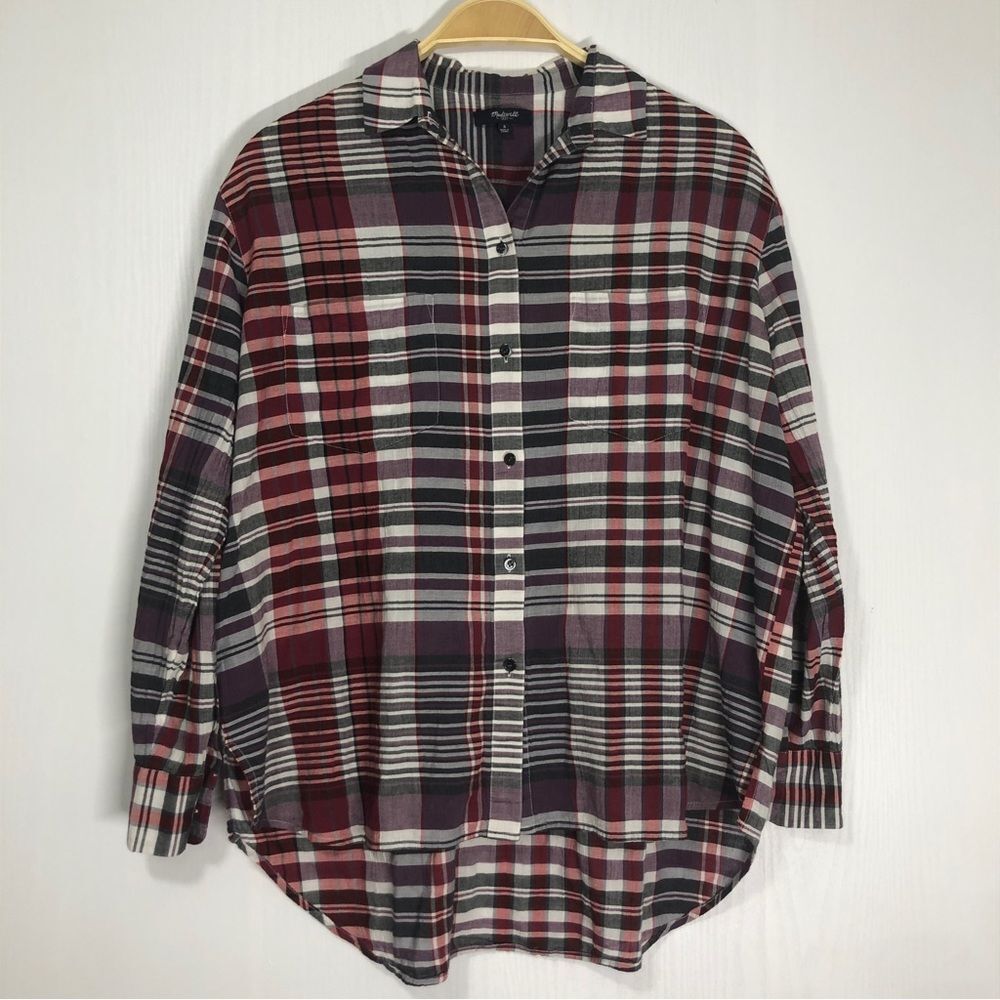 Madewell Plaid Shirt Womens Small Red Purple Gray Oversized Kenwood Button Up